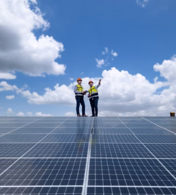 Two employees are inspecting a solar panel system on a rooftop.