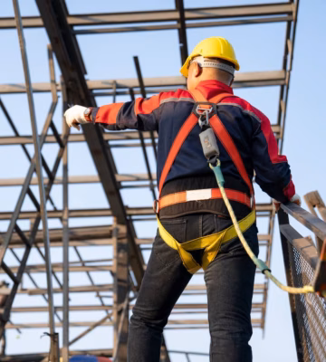 An employee is performing work at height using fall protection on a steel structure.