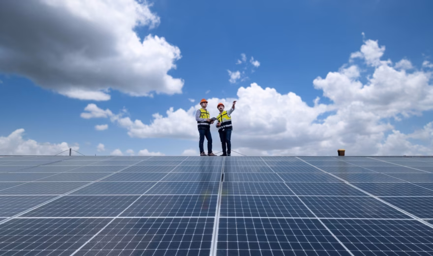 Two employees are inspecting a solar panel system on a rooftop.