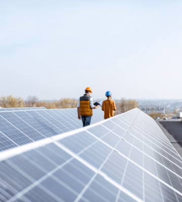 Two employees are inspecting a solar panel system on a rooftop.