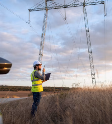 An employee is conducting an inspection of an overhead high-voltage power line.