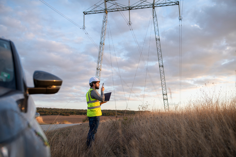 An employee is conducting an inspection of an overhead high-voltage power line.