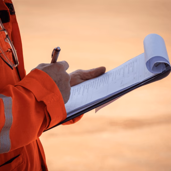 An employee records findings during an on-site inspection or check.
