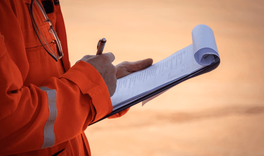 An employee records findings during an on-site inspection or check.