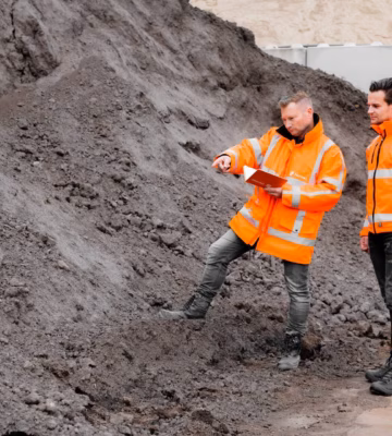 Mitarbeiter beurteilen die Qualität und Zusammensetzung des Bodens auf einer Baustelle.