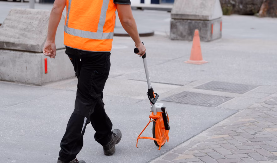 An employee uses measuring equipment for inspection or research work in an outdoor setting.
