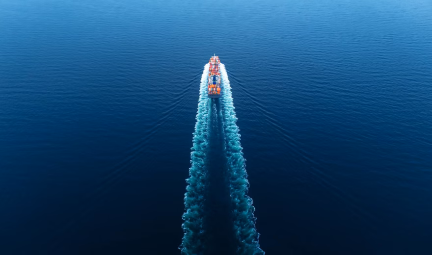 A container ship transports goods by sea as part of international logistics chains.