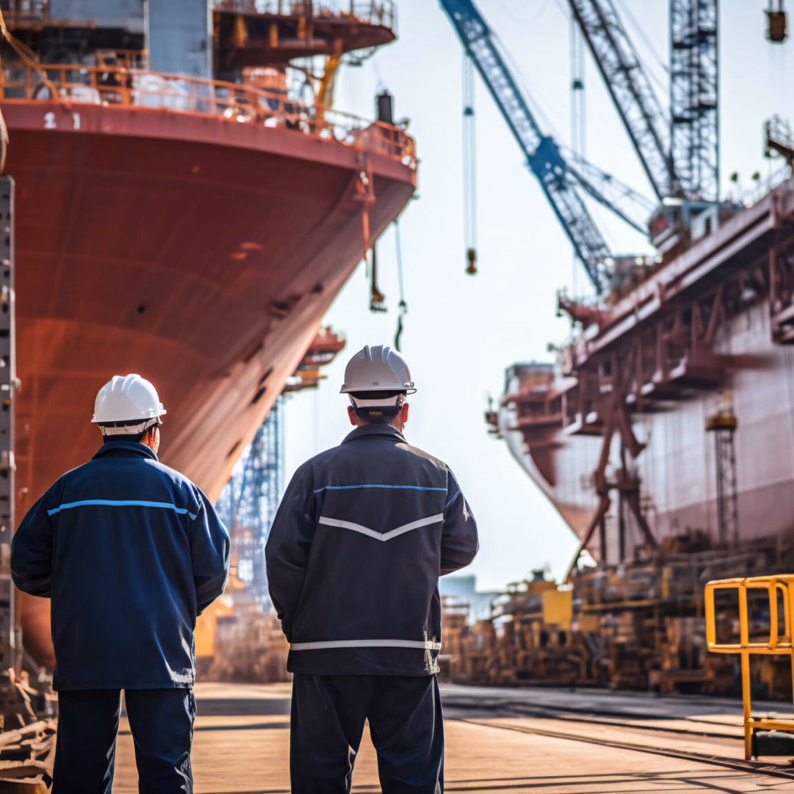 Employees perform inspection or supervisory tasks on ships at a shipyard.