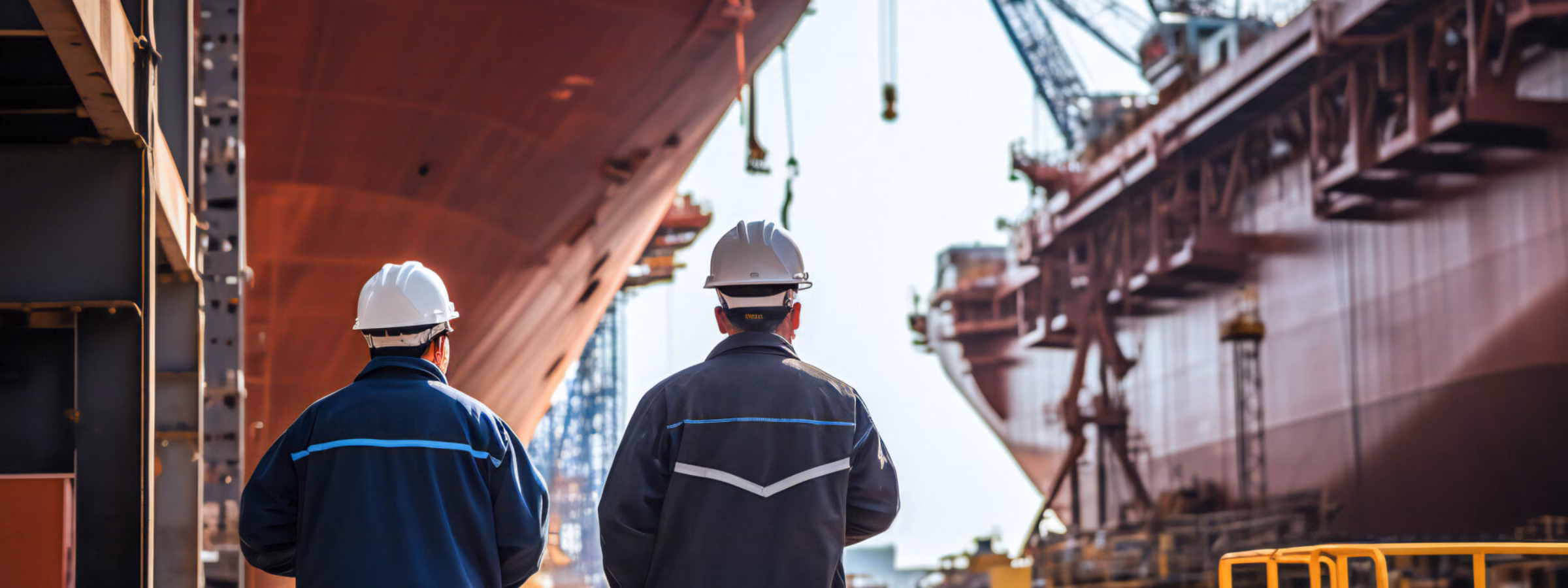 Employees perform inspection or supervisory tasks on ships at a shipyard.