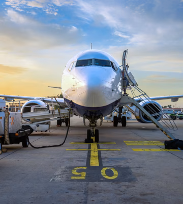 A passenger aircraft is parked on the airport apron for service and handling operations.