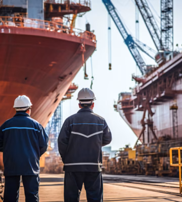 Employees perform inspection or supervisory tasks on ships at a shipyard.
