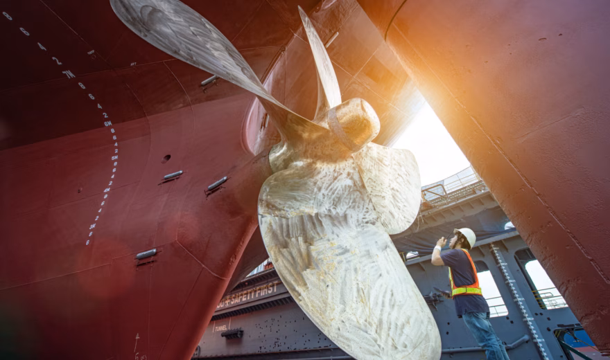 A ship's propeller is being checked during inspection and maintenance work on a ship.