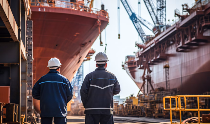 Employees perform inspection or supervisory tasks on ships at a shipyard.