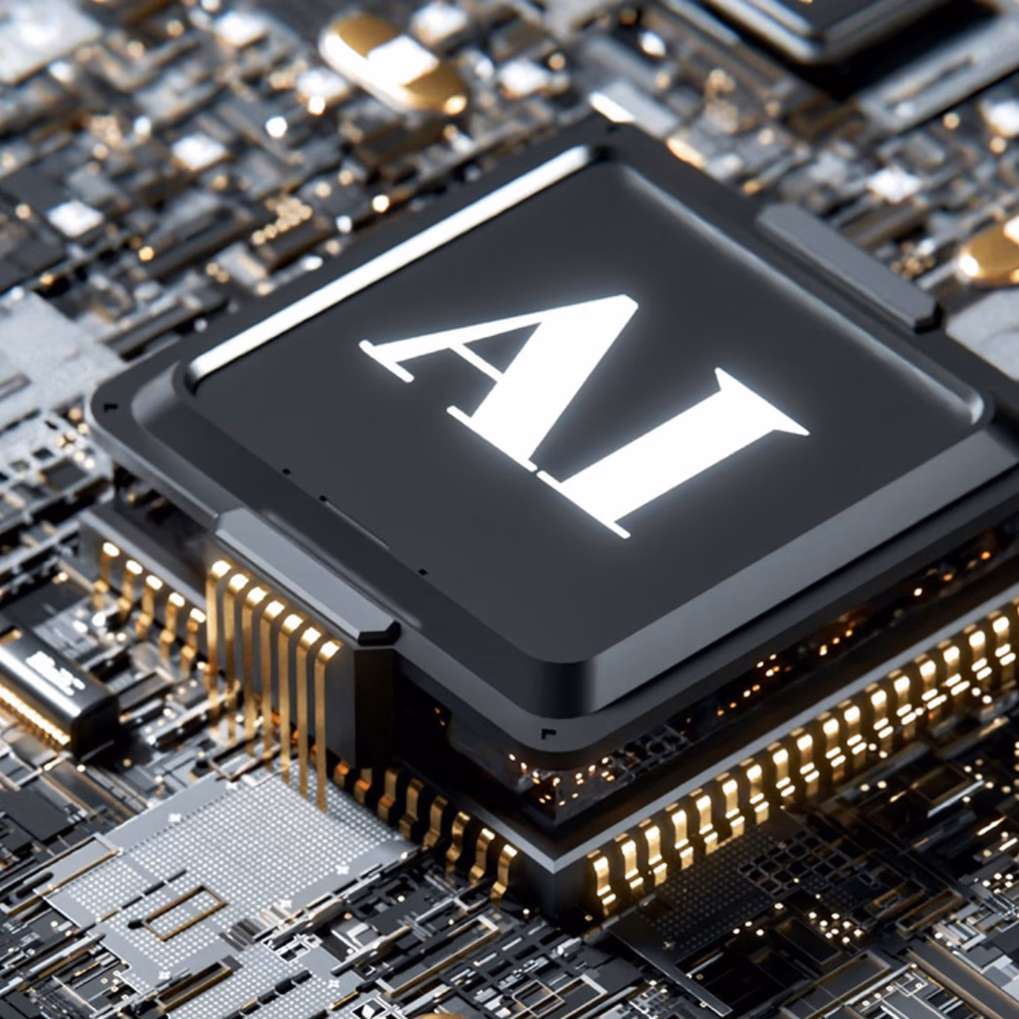 KI-Chip auf einer Leiterplatte, der künstliche Intelligenz und fortschrittliche Datenverarbeitung symbolisiert.