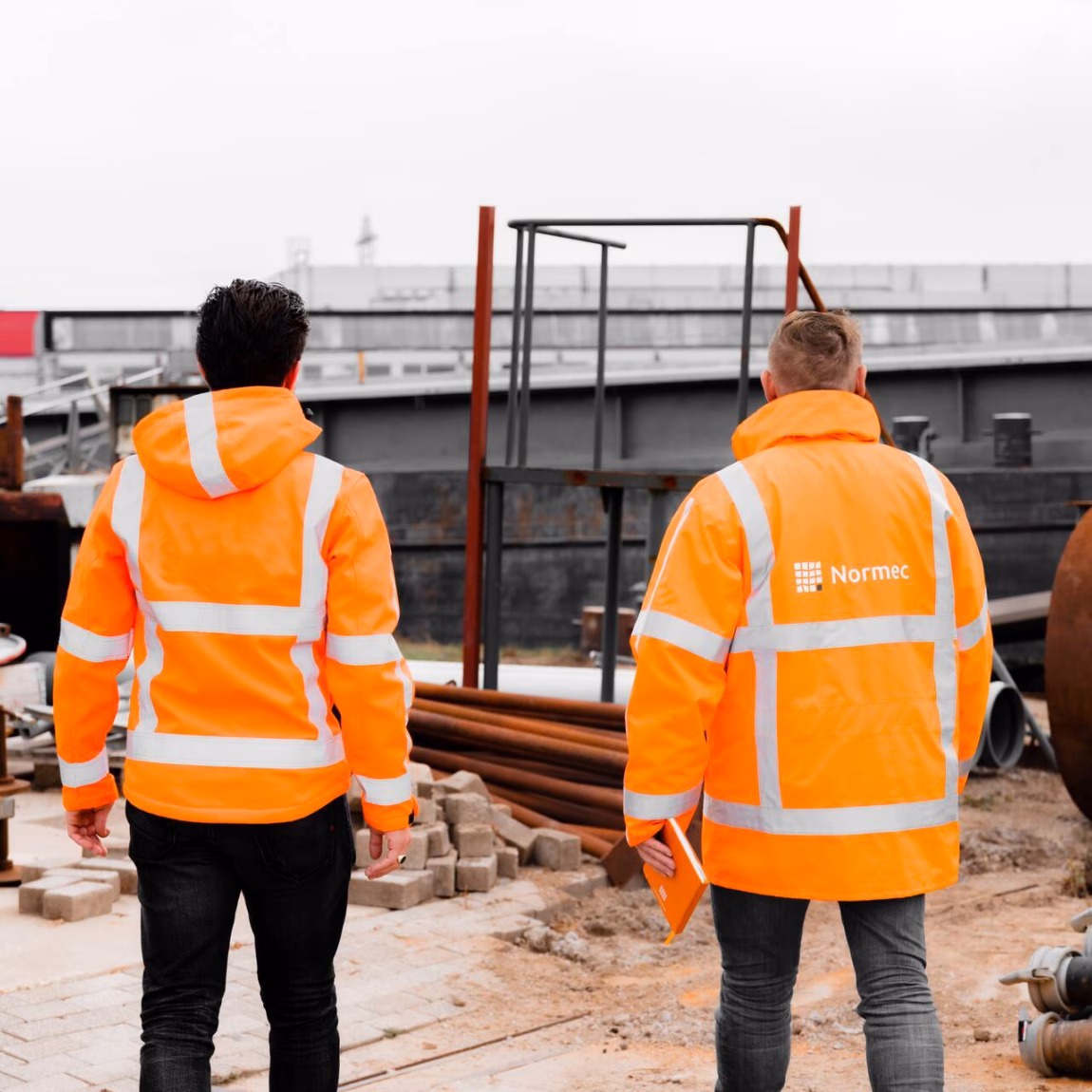 Zwei Mitarbeiter in reflektierender Sicherheitskleidung führen eine Standortbegehung auf einer Industriebaustelle durch.