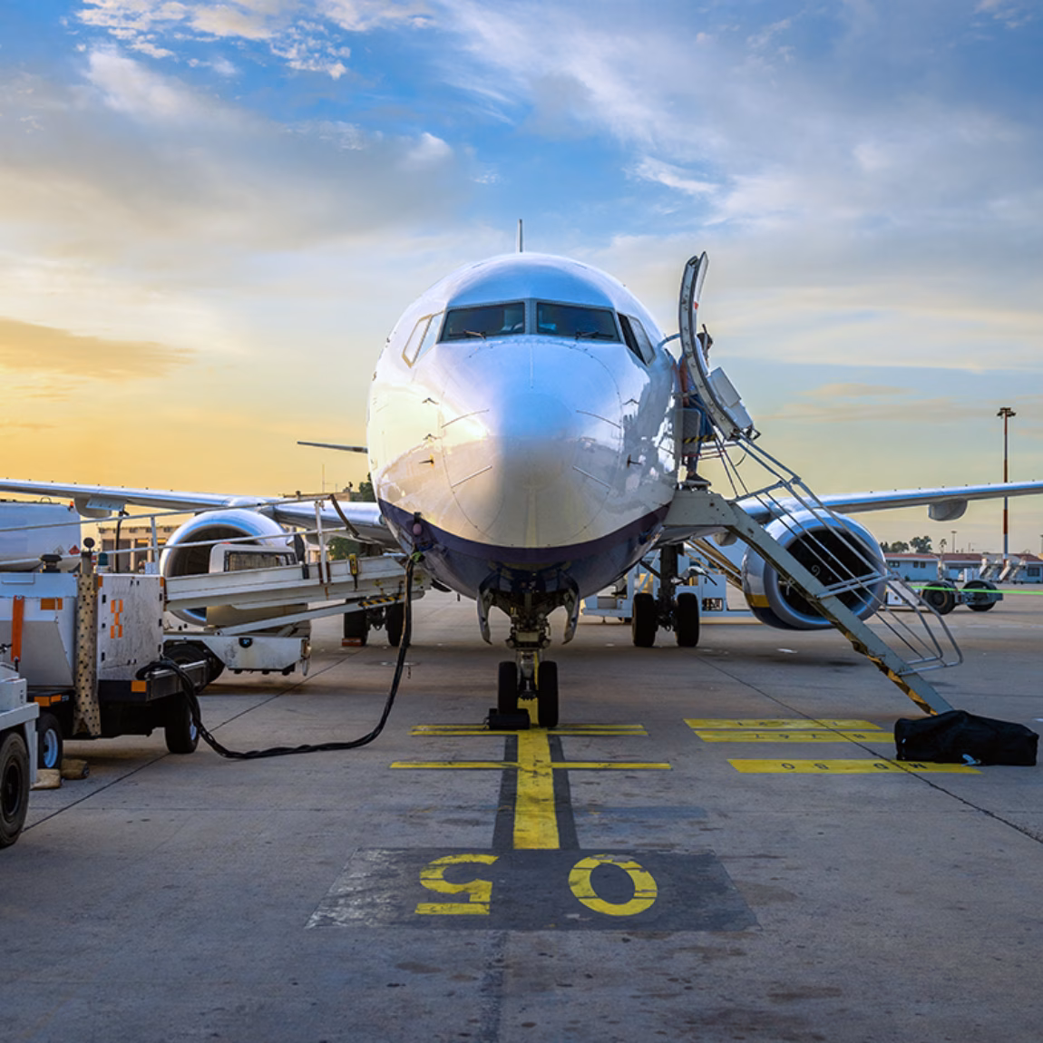 A passenger plane is being prepared for departure during ground handling operations at the airport.