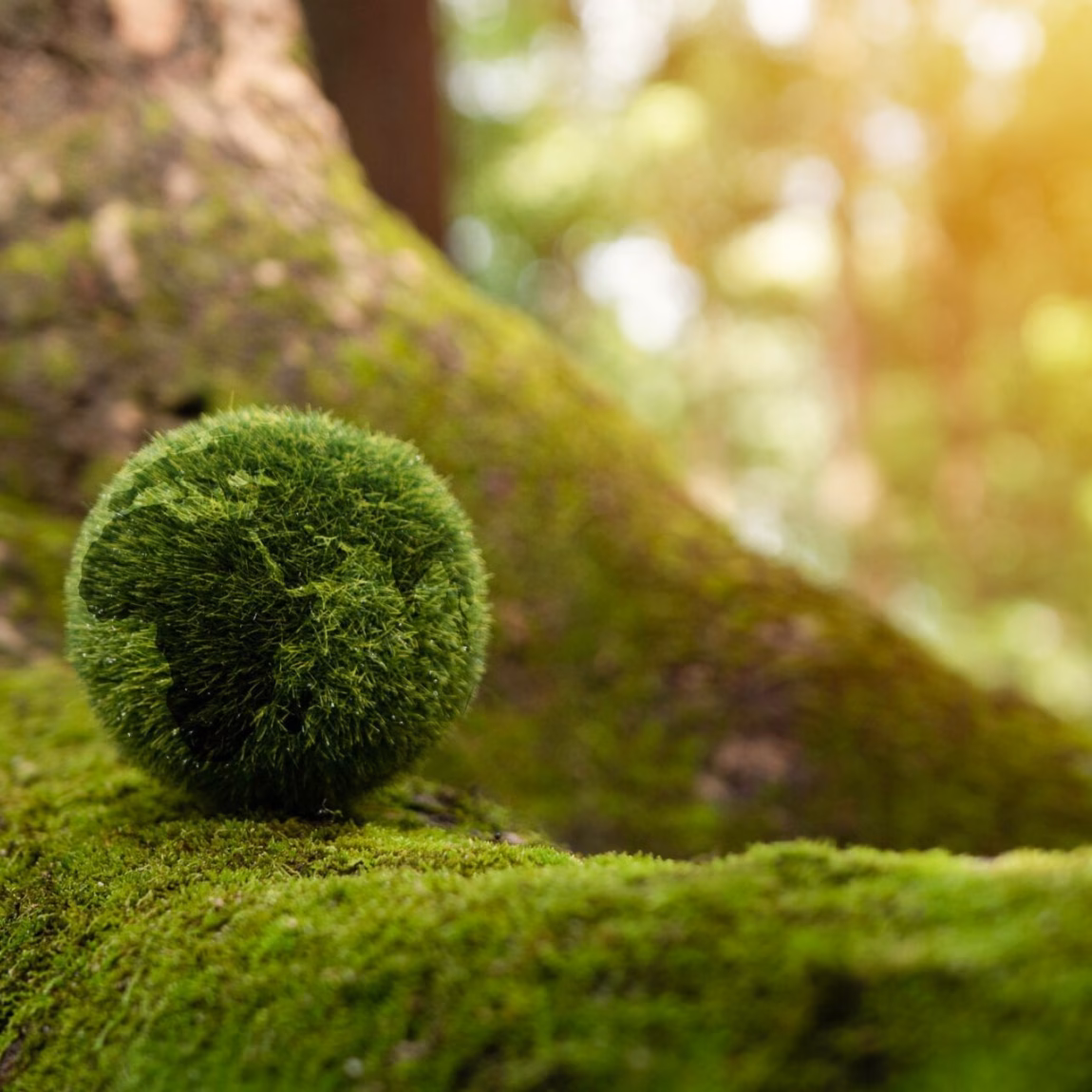 A moss-covered sphere lies on a forest floor, representing nature and sustainability.