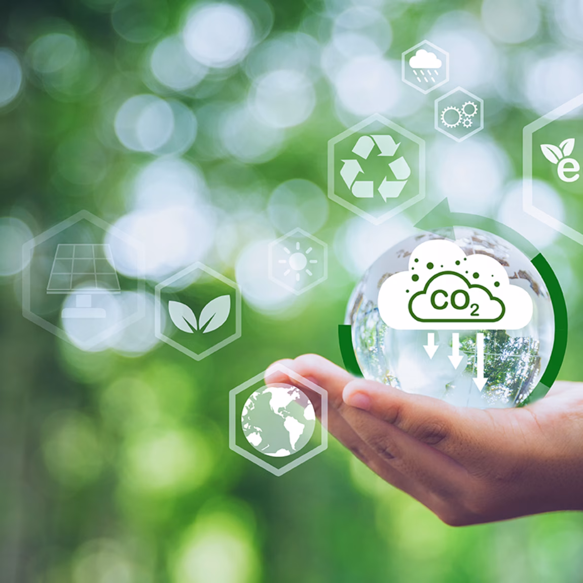 Visual representation of sustainability, CO₂ reduction, and the circular economy using environmental symbols.