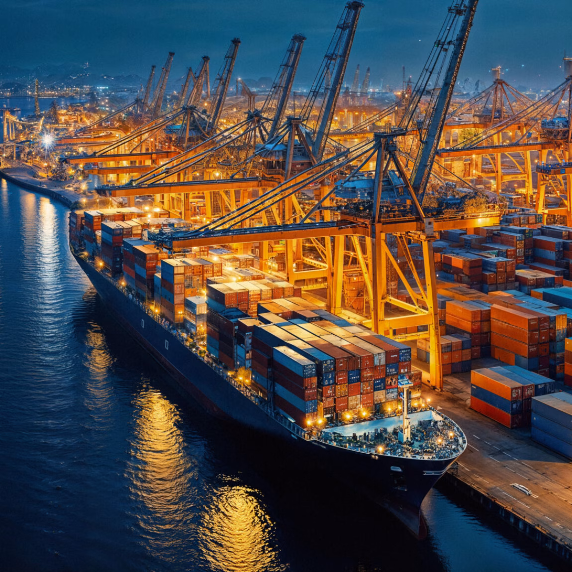 A container ship is docked at a container terminal where cargo containers are being loaded and unloaded.
