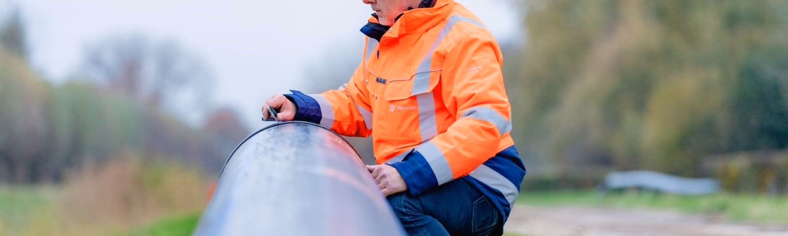 Medewerker in veiligheidskleding inspecteert een industriële leiding op locatie.