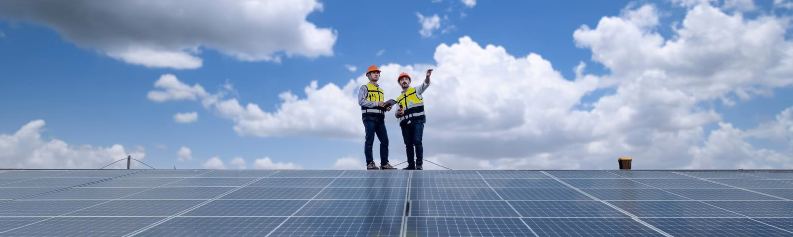 Zwei Techniker überprüfen Solarmodule im Rahmen von Inspektions- und Wartungsarbeiten in einem Solarpark.