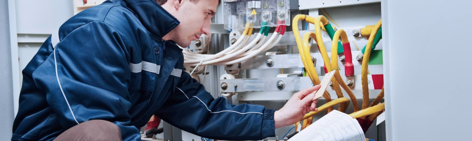 Ein technischer Mitarbeiter inspiziert einen Schaltschrank und überprüft die Verkabelung anhand der technischen Unterlagen.