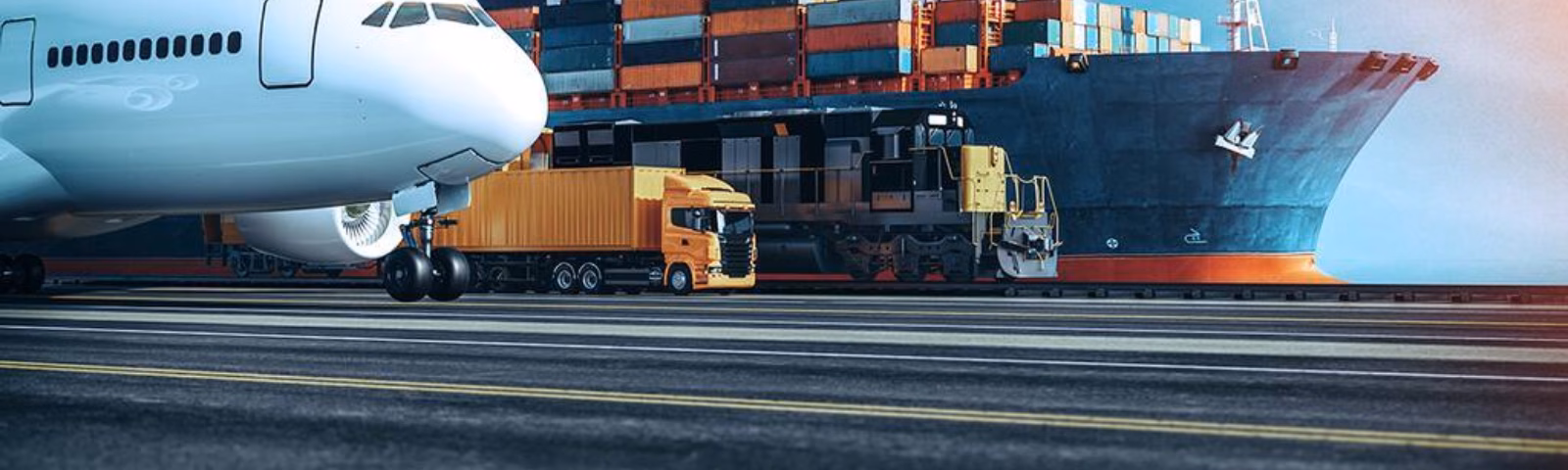 Frachtflugzeug und Containerschiff an einem Logistikumschlagplatz für den internationalen Transport und weltweite Güterströme.
