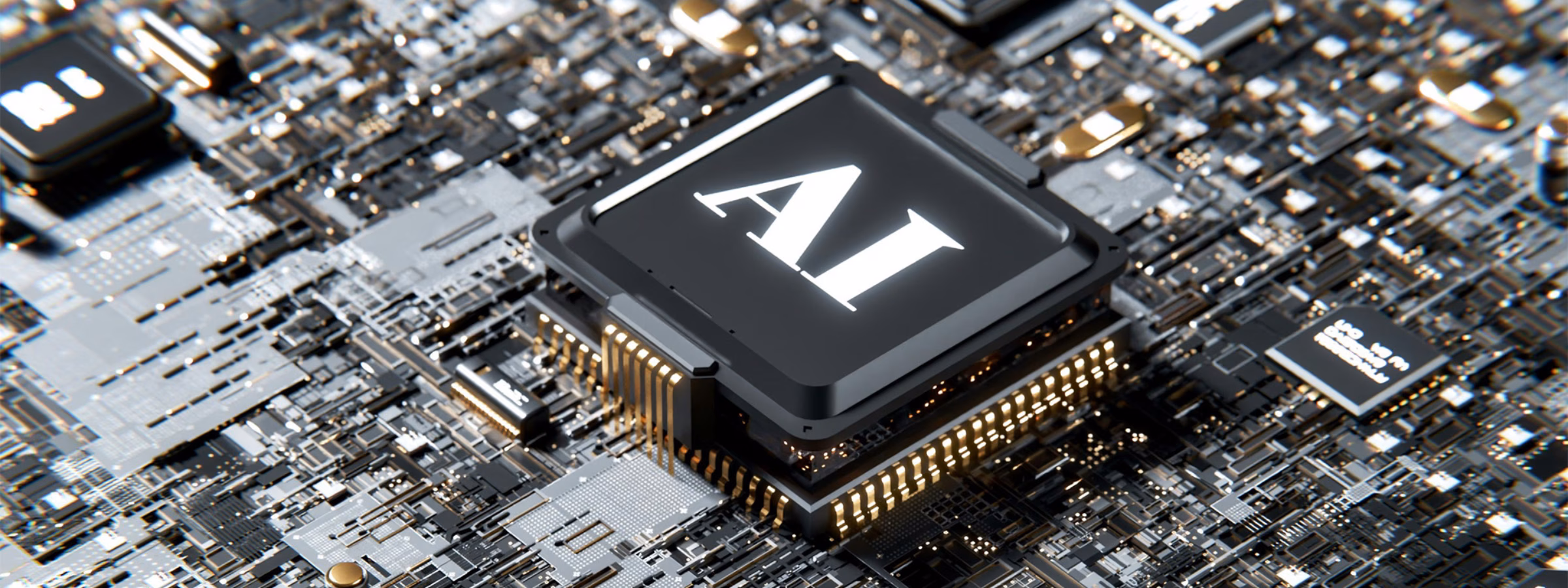KI-Chip auf einer Leiterplatte, der künstliche Intelligenz und fortschrittliche Datenverarbeitung symbolisiert.