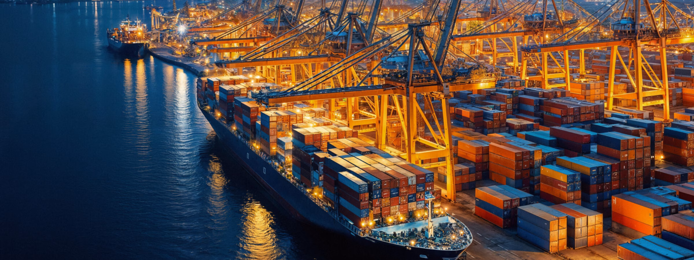 A container ship is docked at a container terminal where cargo containers are being loaded and unloaded.