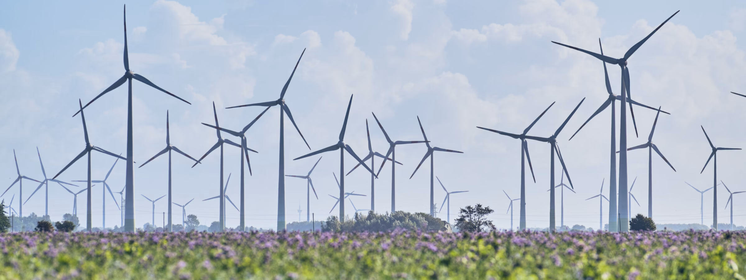 A wind farm with multiple wind turbines generates renewable energy in an open landscape.