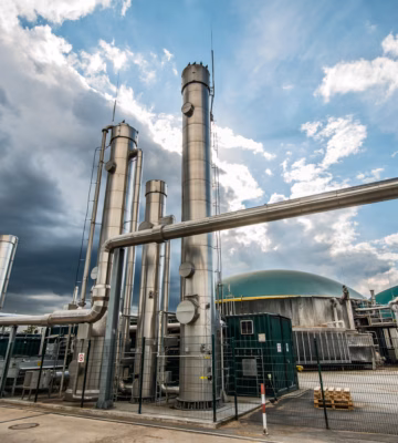 An industrial biogas plant for the processing and production of renewable energy.