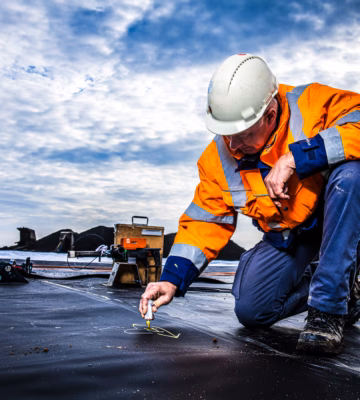 An inspector is inspecting a waterproofing system during on-site work.