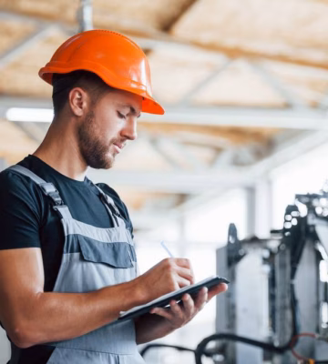 Ein Mitarbeiter mit Schutzhelm nutzt ein Tablet für Inspektions- und Erfassungsaufgaben in einer industriellen Produktionsumgebung.