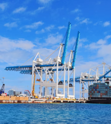 A container ship is being loaded or unloaded at a container terminal equipped with cargo cranes in the port.
