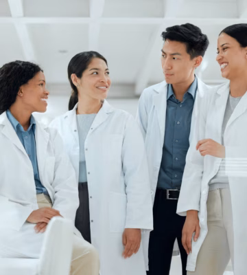 Medewerkers in laboratoriumjassen overleggen en werken samen in een professionele onderzoeksomgeving.