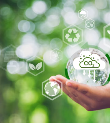 Visuele weergave van duurzaamheid, CO₂-reductie en circulaire economie met milieusymbolen en hergebruik van grondstoffen.