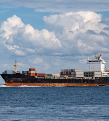 A cargo ship transports containers by sea for international freight transport.