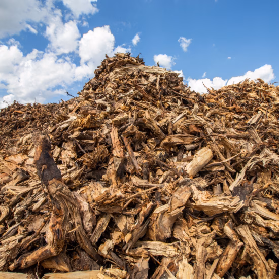Een grote hoeveelheid houtchips ligt opgeslagen voor verwerking, recycling of energieproductie.
