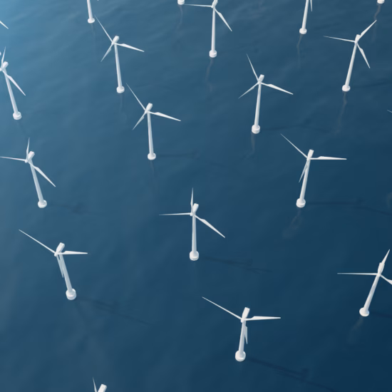 An offshore wind farm generates renewable energy using wind turbines at sea.