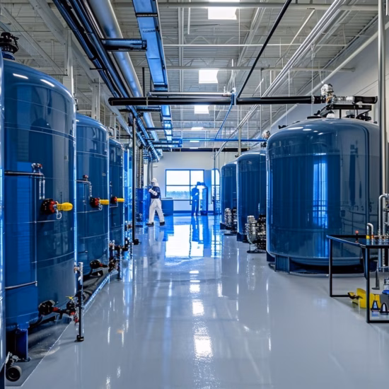Large storage tanks and process plants are part of an industrial production or processing environment.