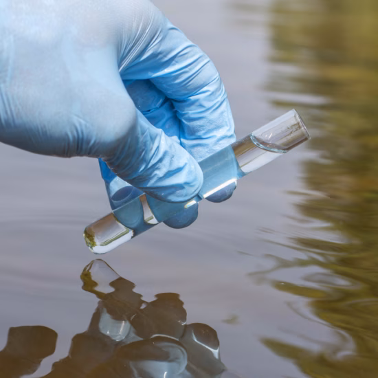 Sample water from the river for analysis. Hand in glove holding a test tube
