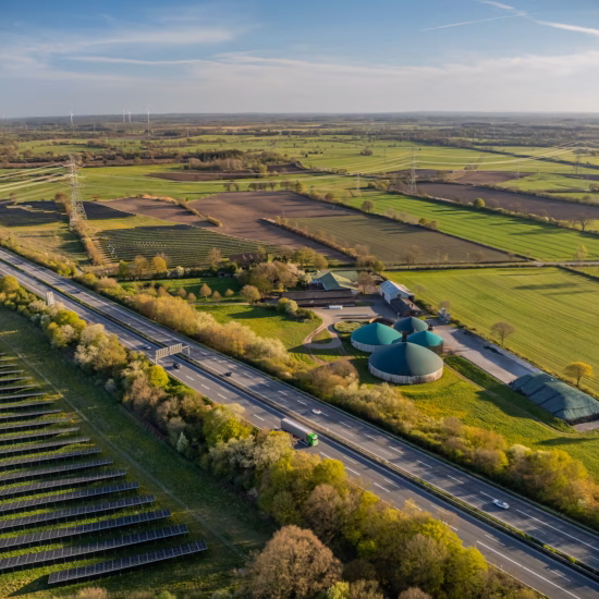 A biogas plant is located in a rural area and contributes to the production of renewable energy.