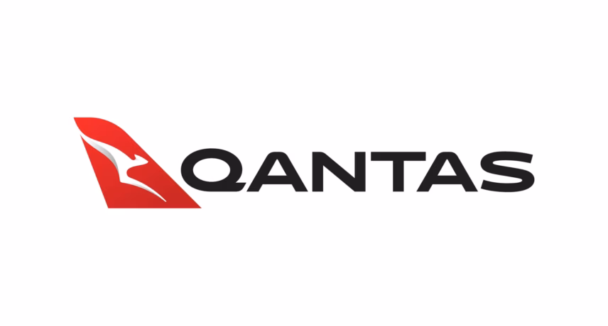 Qantas logo featuring a red flying kangaroo and black brand name on a light background