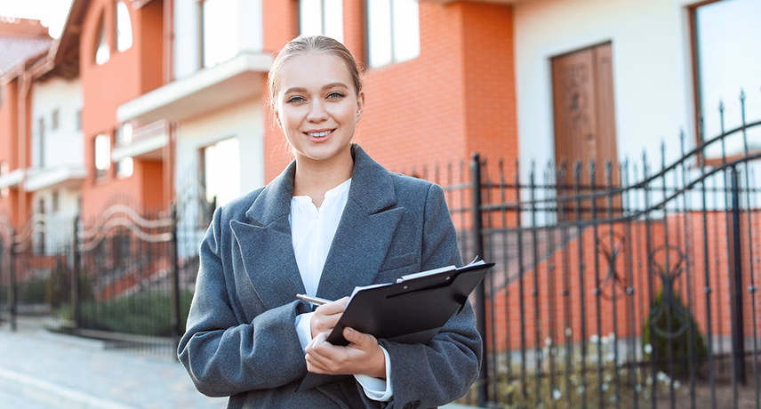 Professional met tablet staat voor een woonwijk met moderne woningen.