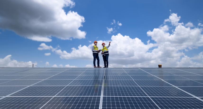 Zwei Techniker überprüfen Solarmodule im Rahmen von Inspektions- und Wartungsarbeiten in einem Solarpark.