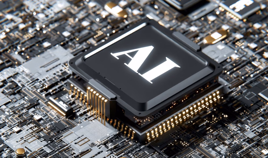 KI-Chip auf einer Leiterplatte, der künstliche Intelligenz und fortschrittliche Datenverarbeitung symbolisiert.