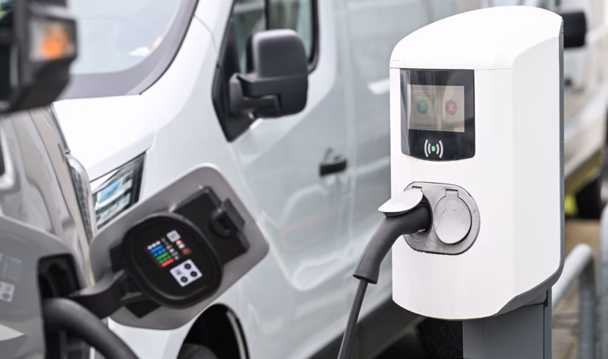 Der Elektro-Lieferwagen wird über ein Ladekabel aufgeladen, das an eine Ladestation angeschlossen ist.
