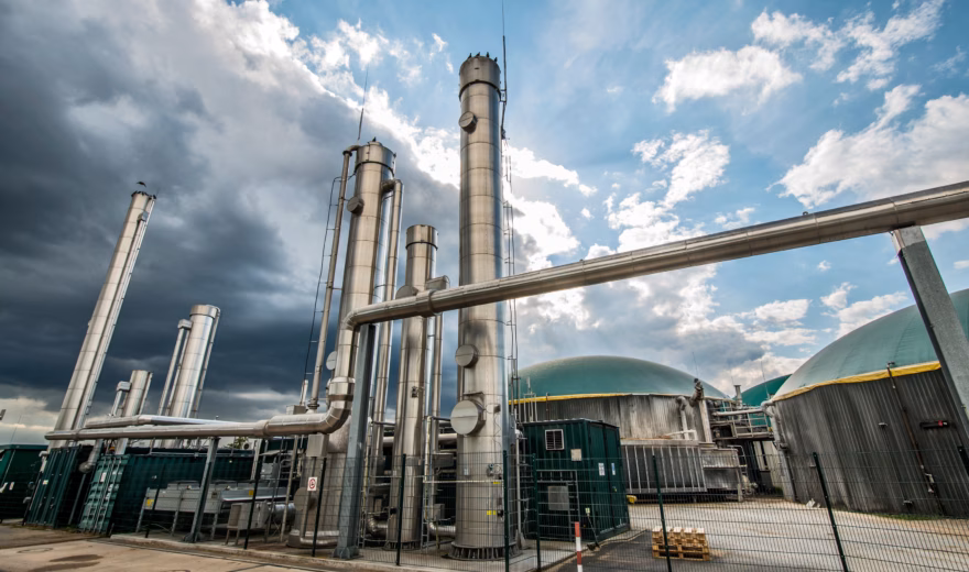 An industrial biogas plant for the processing and production of renewable energy.