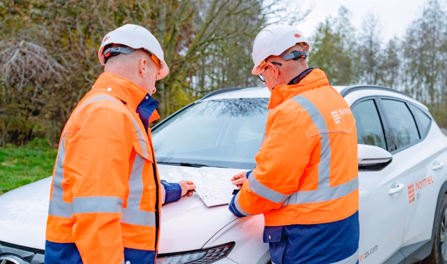 Two inspectors conduct an on-site inspection and record their findings on a checklist.