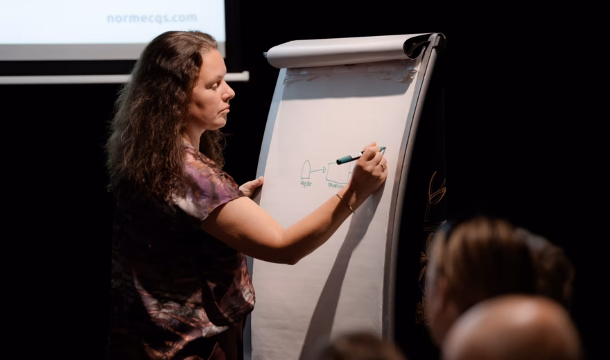 A participant explains a topic on a flip chart during a workshop or training session.